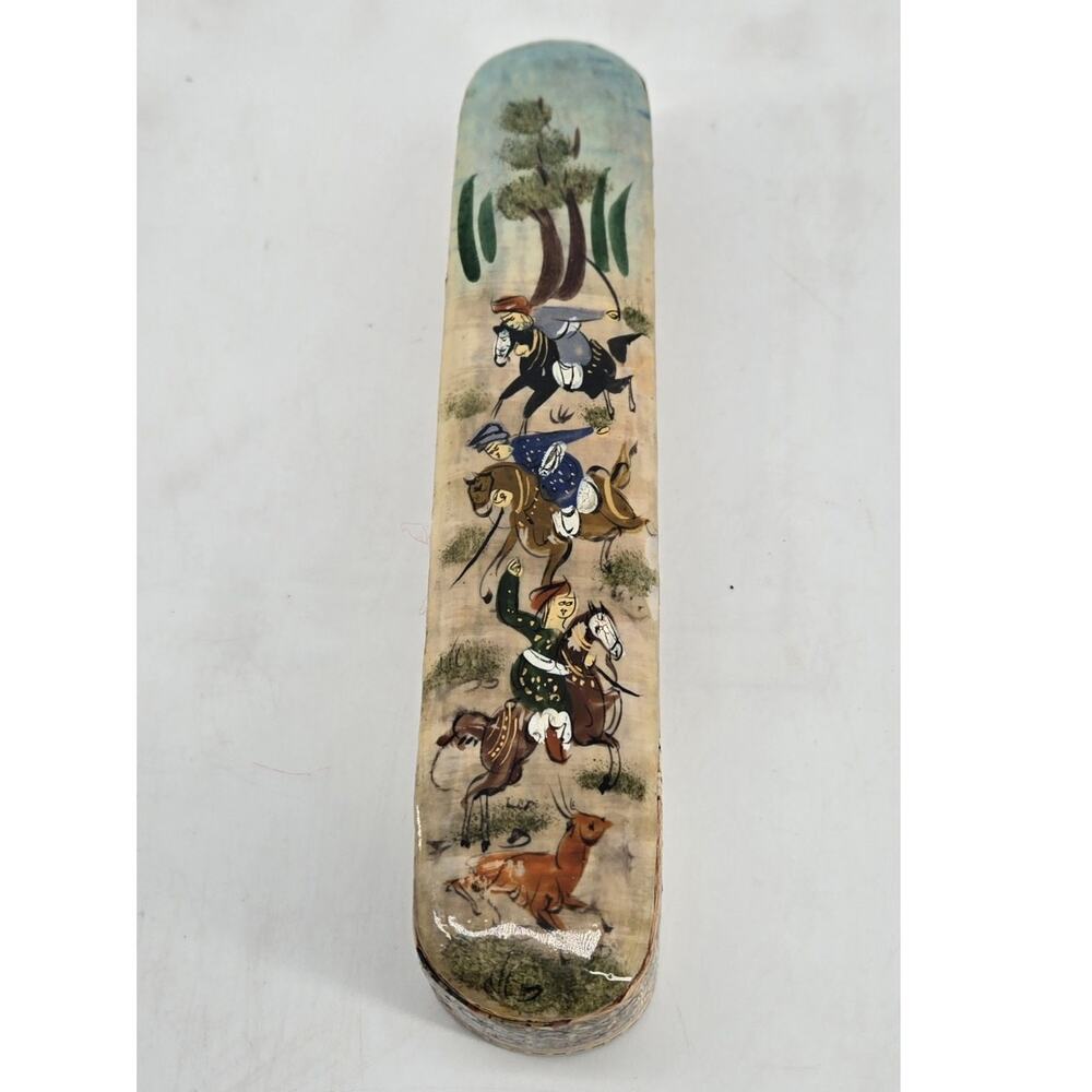 Vtg Persian Box khatam Inlay Case Oblong Pencil Horse Hunting Mosiac Esleemee